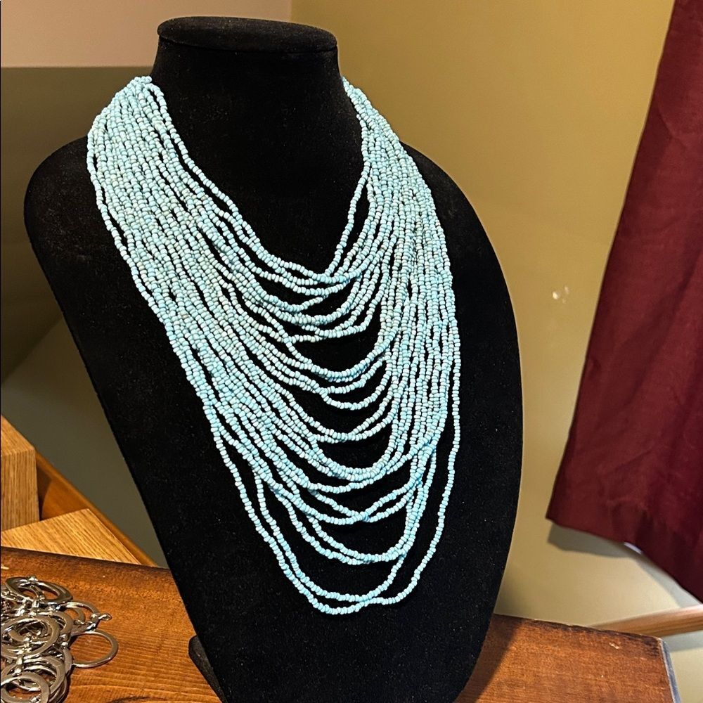 Vintage Turquoise Color Beaded Multi Strand Necklace Statement Piece